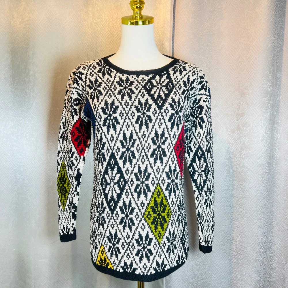 Jones New York Sport Petite Hand Knit Sweater Colorful Diamond Pattern Small
